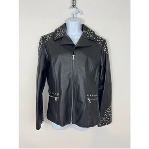 Pamela McCoy Black Leather Studded Moto Blazer Jacket Size M